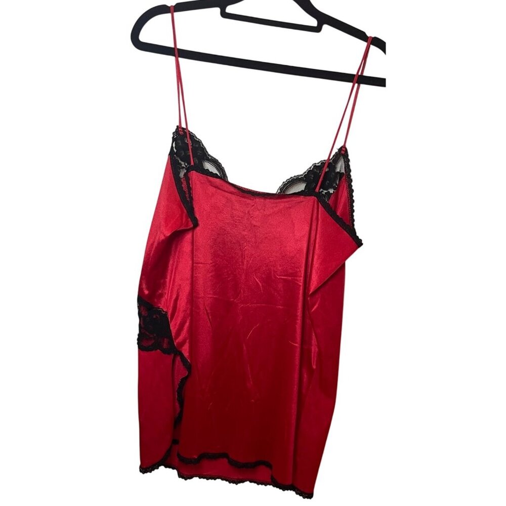 Vintage Red & Black Lace Trim Satin Chemise Nightgown Size Large - Picture 2 of 14